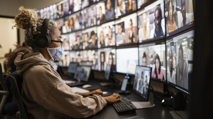 Obraz premium Engaging Hybrid Teaching: Educator Preparing Virtual Lesson for Remote Students, Distance Education Training Session, Generative Ai