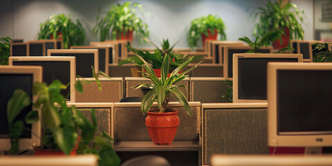 Solidarity of the 9 to 5: A row of identical office cubicles, each adorned with a small plant or personal touch, symbolizing the camaraderie of shared experience.