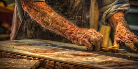 Craftsmanship of the New Frontier: A skilled artisan meticulously sanding a piece of fine woodwork, honoring the timeless traditions of American ingenuity.