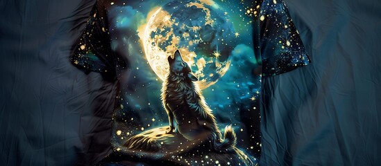 A t-shirt with a creative design of a wolf howling at the moon set against a starry night sky. The wolf is detailed and the moon glows brightly creating a striking contrast.