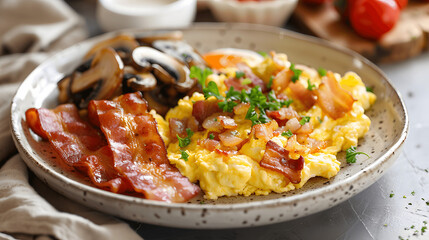 Hearty breakfast with scrambled eggs, bacon, and mushrooms on white dish