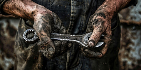 Gritty Reality: A close-up of dirty hands holding a wrench, set against the backdrop of a industrial setting.