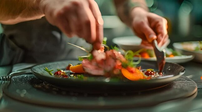 A chef is putting the final touches on an exquisite dish, featuring perfectly grilled meat.