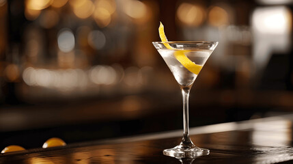 Classic martini with lemon twist in sleek glass on bar counter