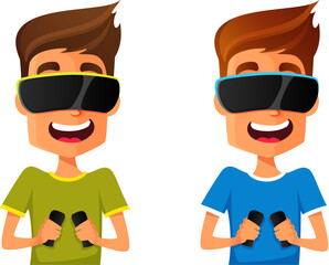 funny cartoon illustration of young man using virtual reality glasses with controllers, playing VR game.