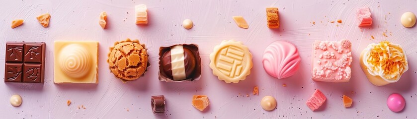 Assortment of colorful and delicious sweets on pink background