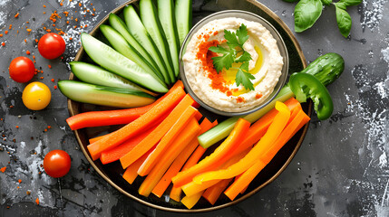 Plate of sliced vegetables with hummus