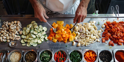 A chef artfully arranging fresh ingredients on a prep station.