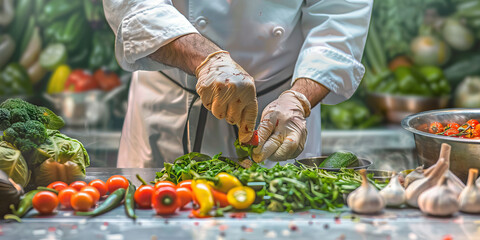 A chef artfully arranging fresh ingredients on a prep station.