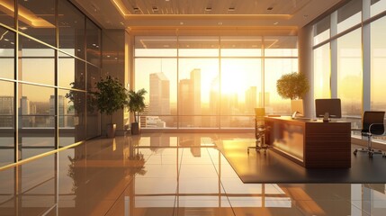 Fototapeta premium A clean and modern office interior with large windows, soft lighting