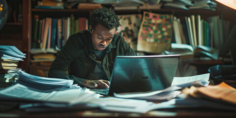 Obraz premium An entrepreneur hunched over papers and a laptop, strategizing for success.
