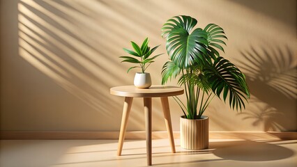 Fototapeta premium Sunlight casting shadows of houseplants on a beige wall