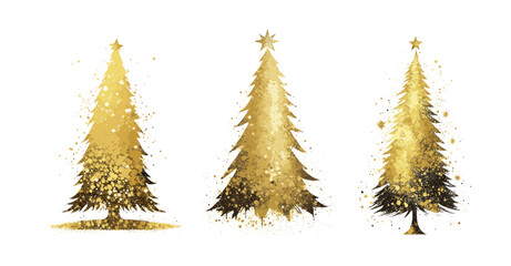 Set of Christmas tree gold silhouettes with foil glittering grunge texture. Traditional holiday design elements for card, banner. Vector illustrations isolated on transparent background.