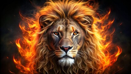 Fototapeta premium Majestic lion emerging from fiery inferno