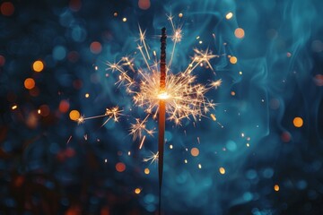 Obraz premium A closeup of a glowing sparkler set against an abstract dark blue background