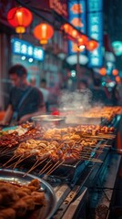 Naklejka premium Steaming grilled food on a traditional Chinese stall, smoky atmosphere, bustling night market, neon signs, diverse crowd, dynamic and colorful