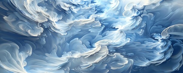 A t-shirt with an abstract design of swirling clouds in shades of blue and white creating a dynamic and fluid pattern. The design is ethereal and peaceful.