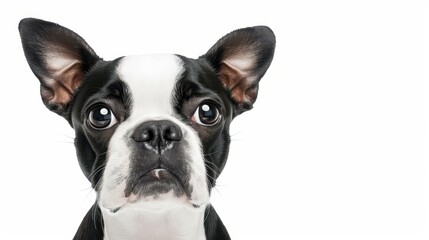 Fototapeta premium Fierce Boston Terrier dog displaying anger on a white background.