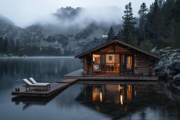 Fototapeta premium A tranquil log cabin situated by a lakeside, featuring a misty mountainous backdrop. The inviting warmth of the cabin contrasts the cool, foggy environment.