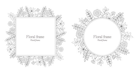 Set of floral frames with wildflowers and twigs, contour.