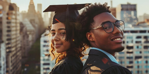 Endless Opportunities: A young man and woman, one wearing a graduation cap and gown, standing in front of a city skyline with countless buildings.