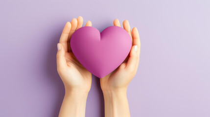 Fototapeta premium Vibrant rainbow heart held by womans hands on light purple background. LGBT concept for Pride Month. Top view with copy space.