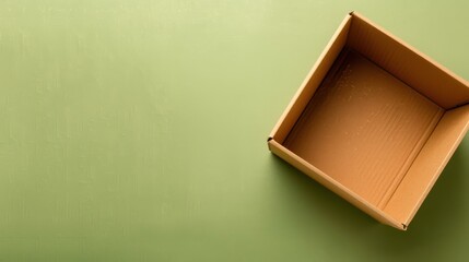 Fototapeta premium Minimalistic top view of an empty brown cardboard box on a light green background.