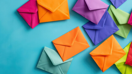 Vibrant envelopes on blue background top view