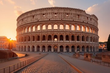Naklejka premium A stunning view of the Coliseum in Rome from a different angle, bathed in the vibrant hues of a sunset, highlighting the timeless beauty of this iconic Roman amphitheater.