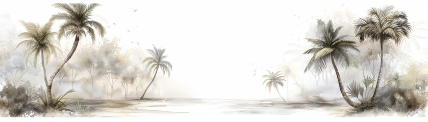 Serene watercolor painting of tropical palm trees on a sandy beach with a calm background, ideal for tranquil and nature-themed designs.