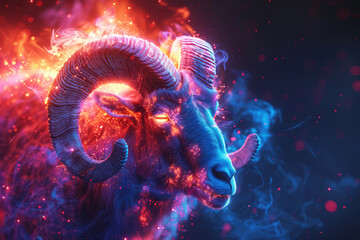 Aries symbol of the zodiac horoscope constellation of the east, blue fiery neon background.