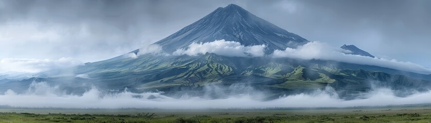 A breathtaking panorama of a majestic mountain partially veiled by clouds, standing tall against a backdrop of serene, misty ambiance.