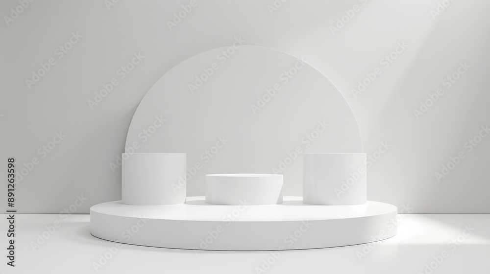 Wall mural 3d render of white podium with three vertical blocks on the round platform,