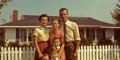 American Dream Achieved: A family of four, dressed in 1950s attire, standing in front of a modest suburban home with a white picket fence.