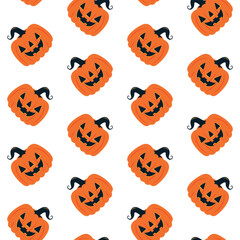 Happy Halloween Seamless Pattern background with Orange Pumpkin. Cute Halloweens Wallpaper backdrop repeat seamless style, replete Cartoon design for fabric print.