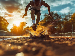 Athlete Leaping Through the Air During a Long Jump Competition at Sunset