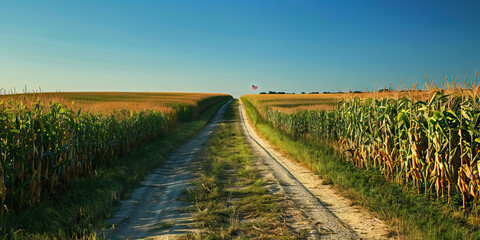 Fototapeta premium The Path to American Prosperity: A worn-out dirt road winding through a vast cornfield, leading to a distant American flag.