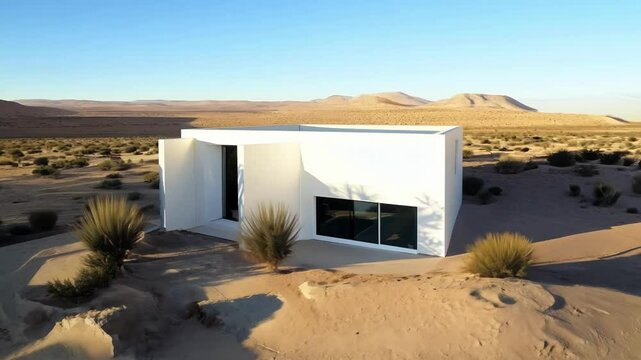 A modern white house with a flat roof and clean lines nestled in the desert.