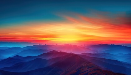 vibrant sunset over pristine mountain range the ozone layer visible as thin protective veil The sky transitions from orange to deep blue emphasizing the atmosphere's layers