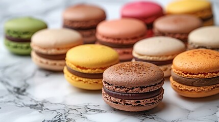 Assortment of Colorful Macarons with Chocolate Filling on a Marble Surface