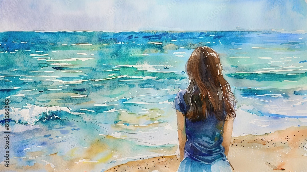 Sticker girl looking at ocean watercolor