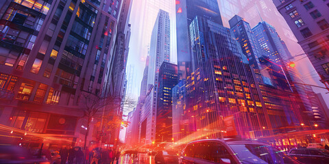 Obraz premium American Dream Incarnate: A bustling city skyline, with towering buildings and a vibrant street scene.