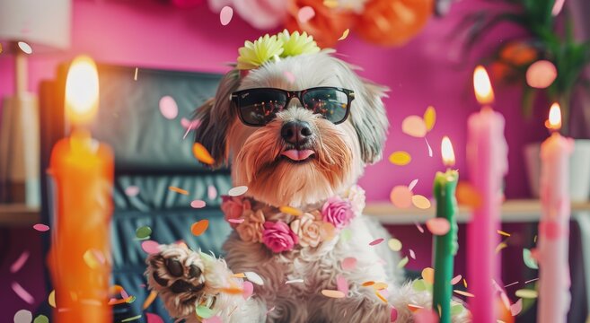 A cute dog wearing sunglasses and holding colorful party horns blowing out birthday candles