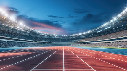  stadium with red running track, stands full of spectators