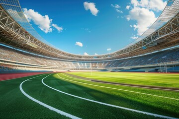 stadium with track, stands full of people, sunny day