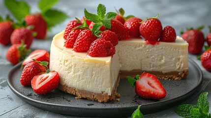 Delicious Strawberry Cheesecake with Mint Garnish