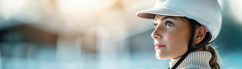 Close-up of a beautiful girl in an equestrian stance, poised and elegant, realistic portrayal of her strength and technique, dramatic lighting, ultra-high-definition realism