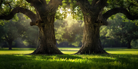 Fototapeta premium Pillars of American Strength: A pair of massive oak trees, standing tall amidst a lush green forest.
