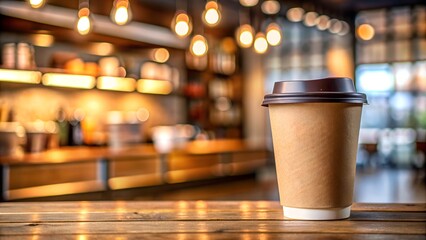 Takeaway coffee cup standing on a table in a coffee shop