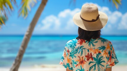 A woman in a straw hat stands on a tropical beach looking out at the ocean. The bright blue water and white sand create a serene setting